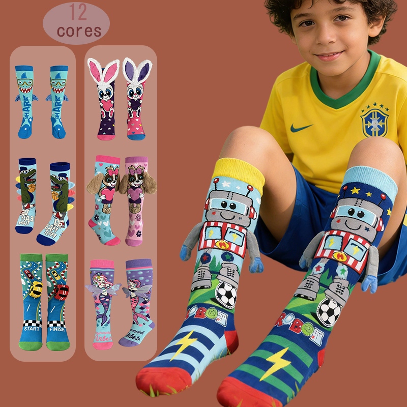 1-6peça Meia Cano Alto Infantil 12 Cores - Estampas 3D Divertidas de Robô, Dinossauro, Coelho e Sereia - Confortável par em Oferta na Shopee
