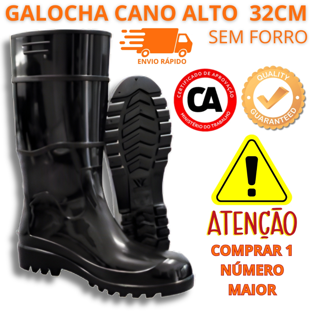 BOTA GALOCHA PVC 32CM CANO LONGO UNISSEX IMPERMEAVEL SEM FORRO LAVAGEM CHUVA INDUSTRIA
