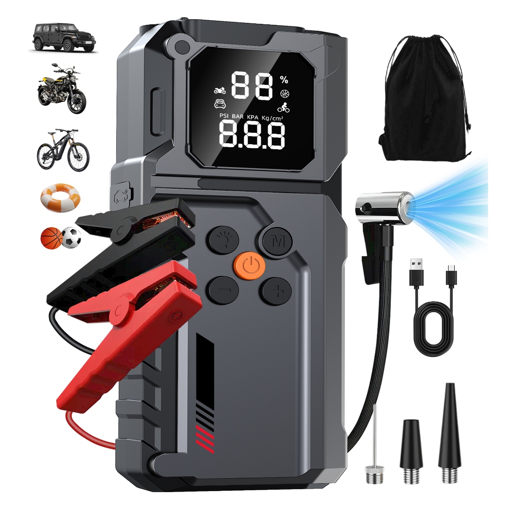 Auxiliar Partida Bateria Compressor Ar Emergência Portátil 150PSI,Auxiliar De Partida Bateria Veicular Com Power Bank