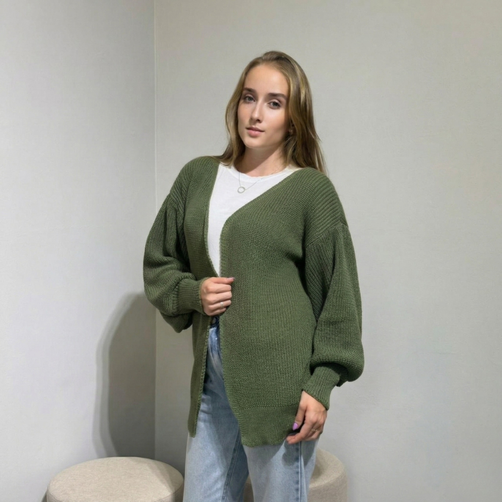 Casaco Básico Tricot Feminino Cardigan Aberto Kimono Manga Bufante Inverno Lã Confortável Estiloso Casaco Básico Tricot Feminino Cardigan Aberto Kimono Manga Bufante Inverno Lã Confortável Estiloso