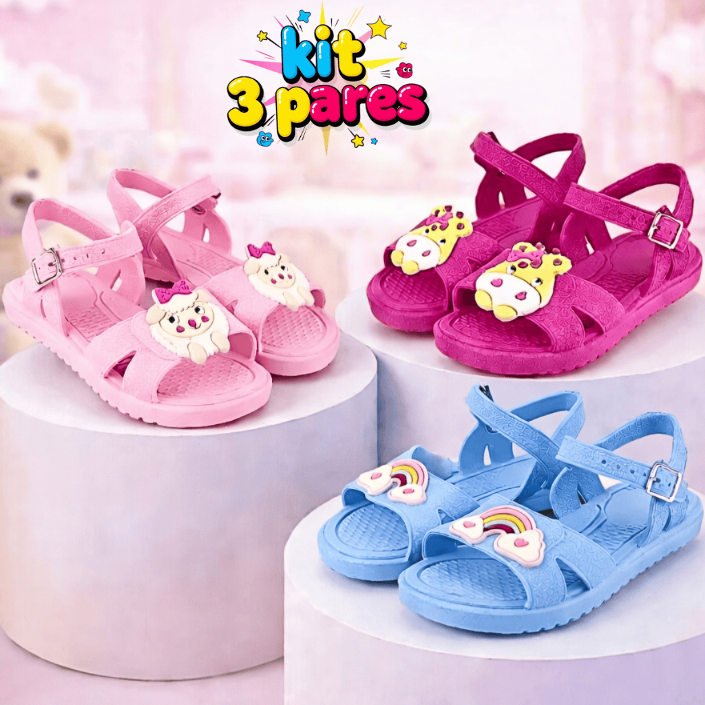 Kit 3 Pares Sandália Infantil Menina Papete Rasteirinha Feminina Confortável