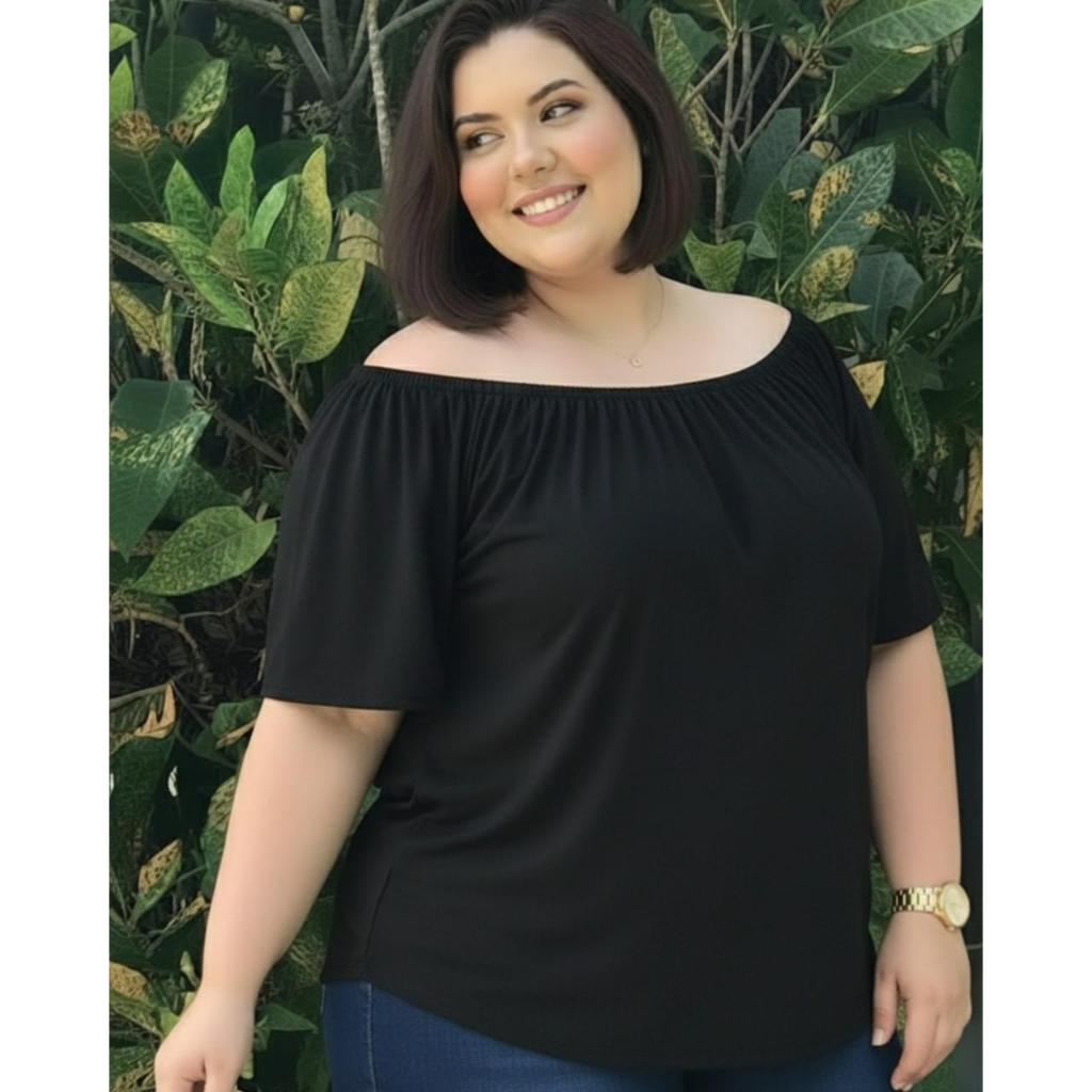 Blusa Cigana de Elástico Preta Plus Size
