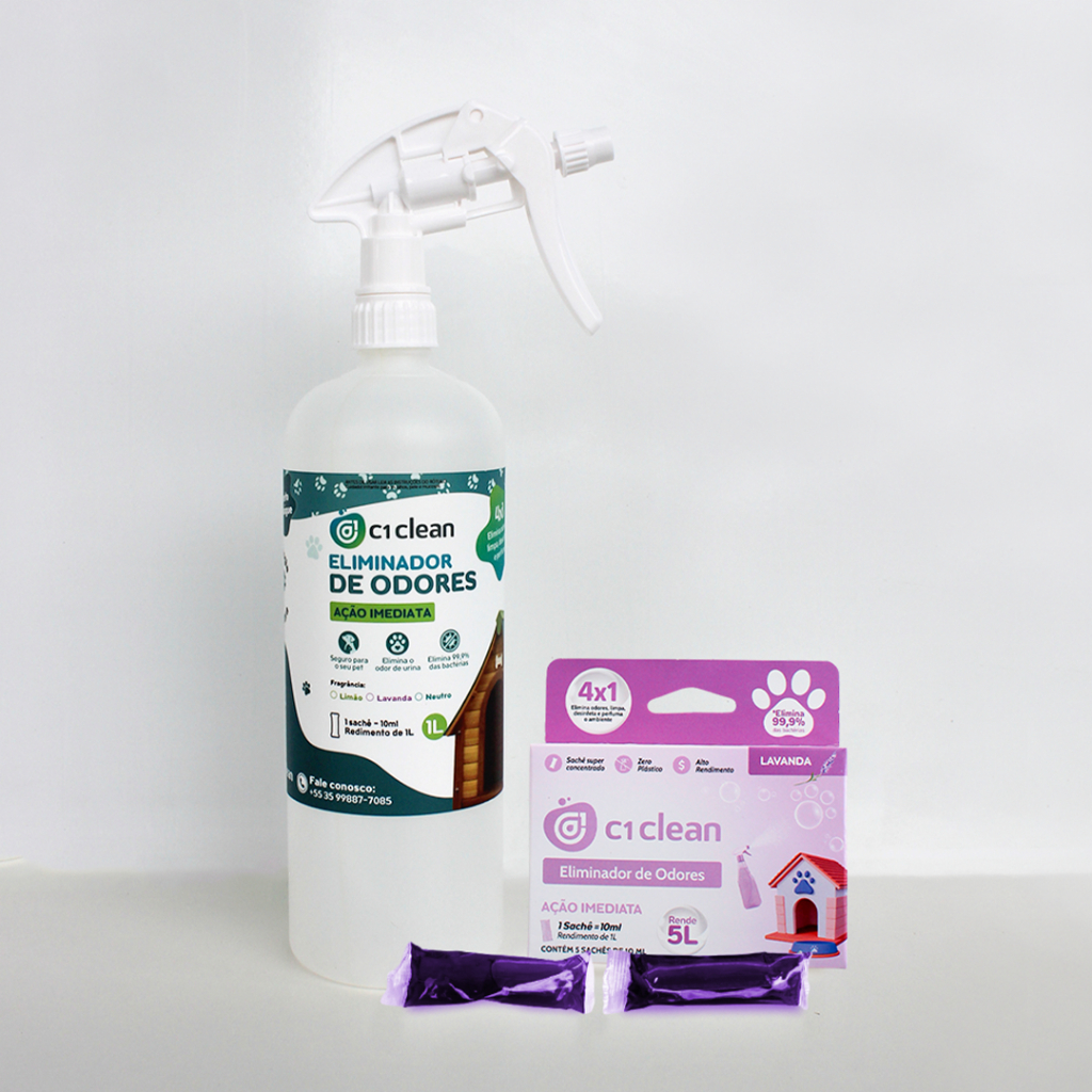 Eliminador de Odores para Pets Lavanda | 2 sachês concentrados com borrifador 4x1 | Cruelty-Free