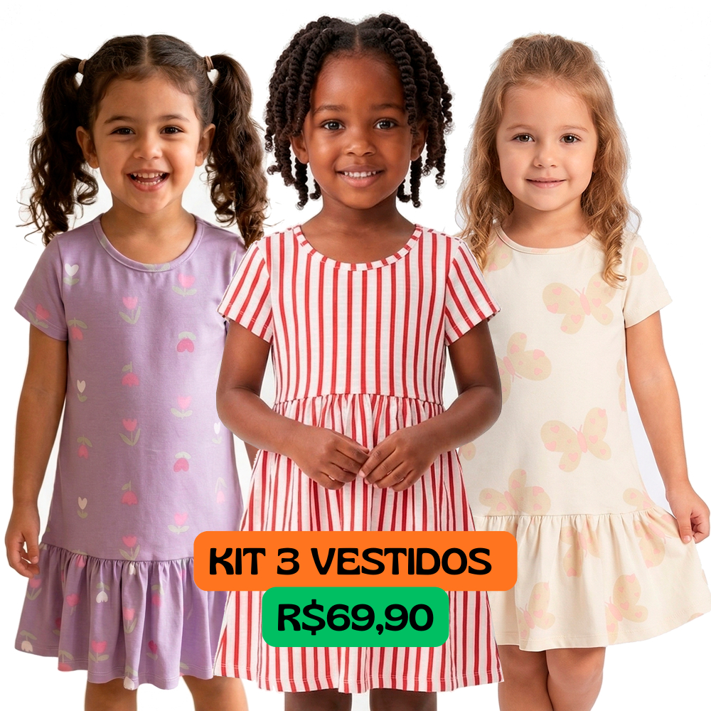 Kit 3 Vestidos Infantis Menina em Algodão com Estampas Sortidas Conforto e Qualidade | 2 a 12 anos