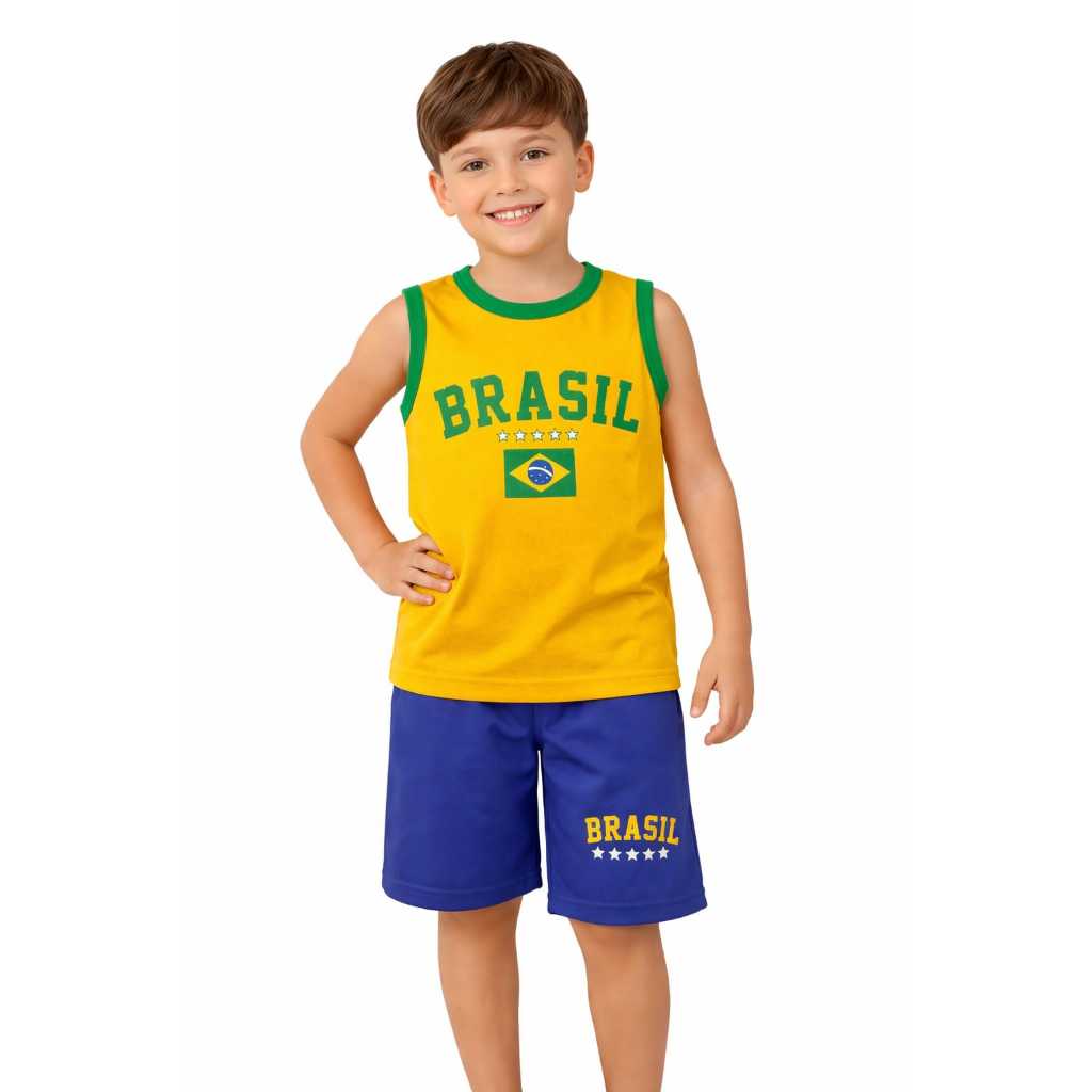 Conjunto Infantil Menino Brasil - Camiseta e Short Temático Verão - Pronta Entrega