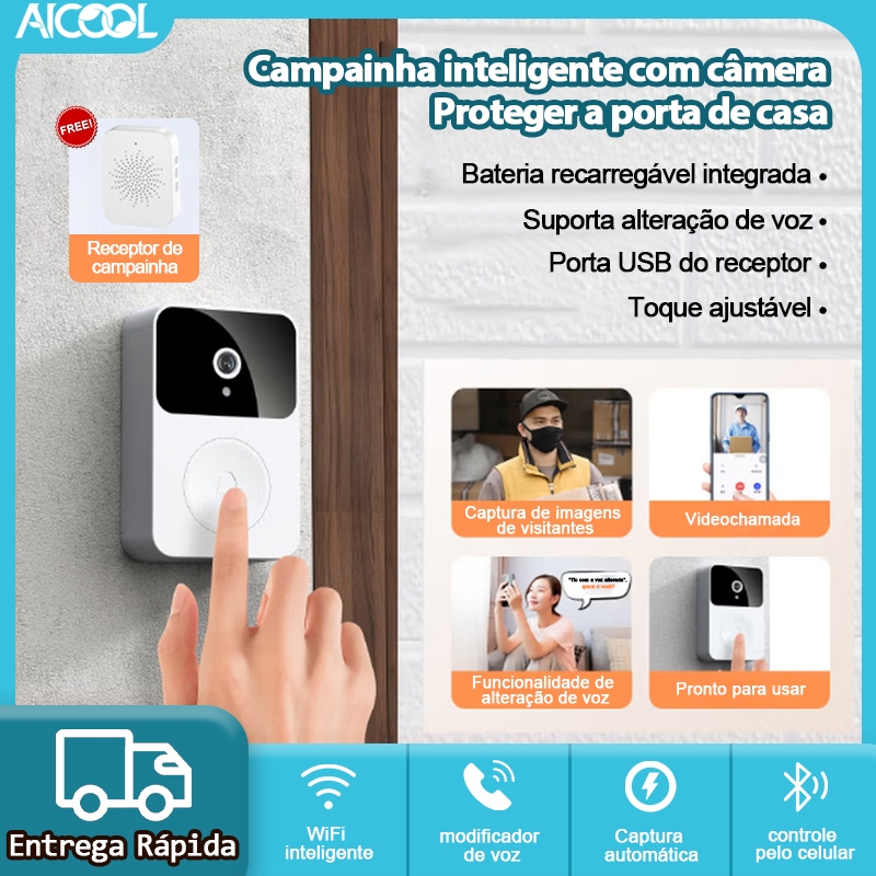 AICOOL Campainha Inteligente Wi-Fi sem Fio com Câmera HD | Visualização em Celular, Bateria Recarregável, Interfone
