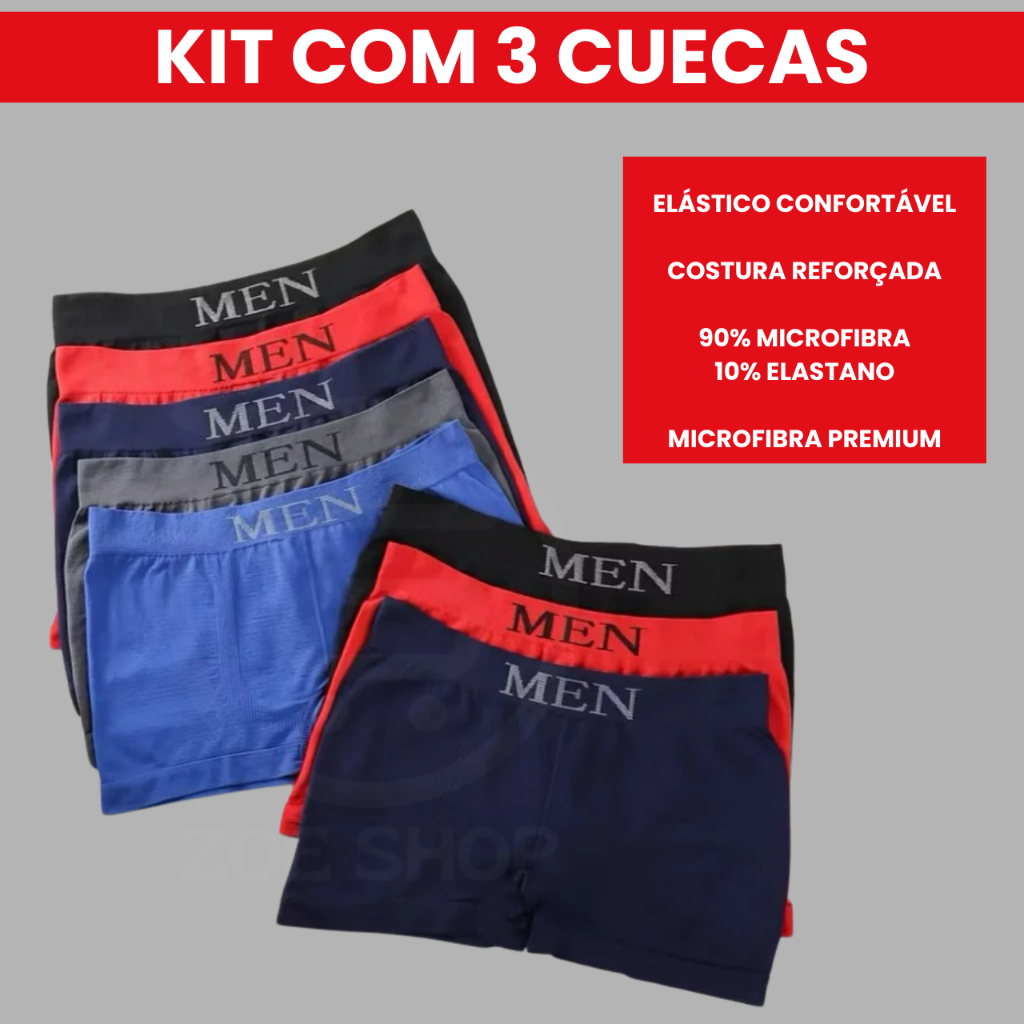 Cueca Boxer Masculina Microfibra Sem Costura Kit Com 2 e 3 Cuecas Confortável Respirável Não Marca P ao GG