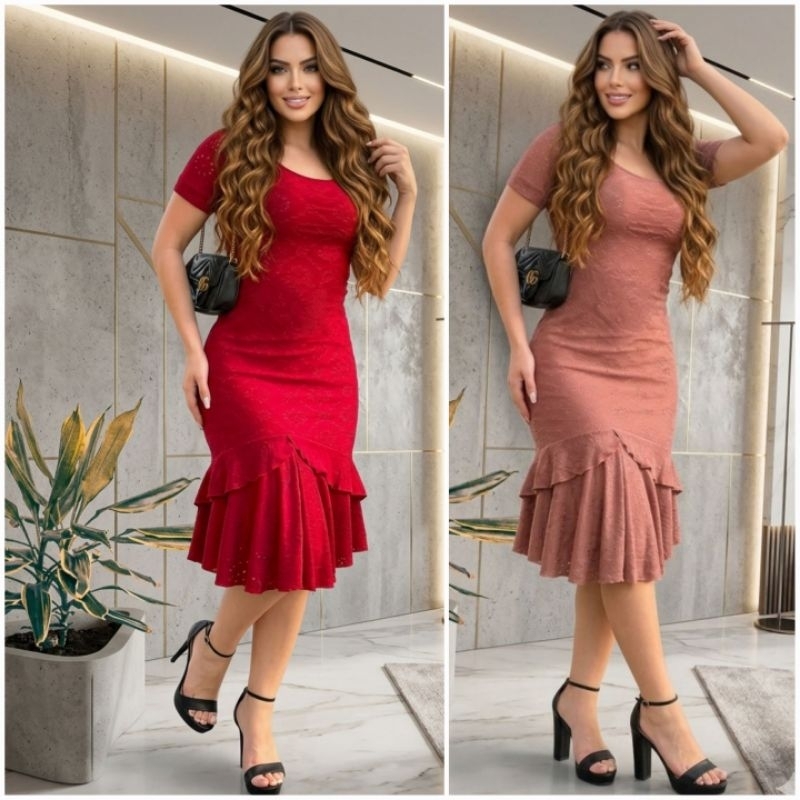 Vestido midi laise festa bordado vestido evangelico babado peplum