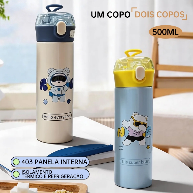 Garrafa Térmica Infantil escolar estampa de urso em Inox e trava 500ml com alça