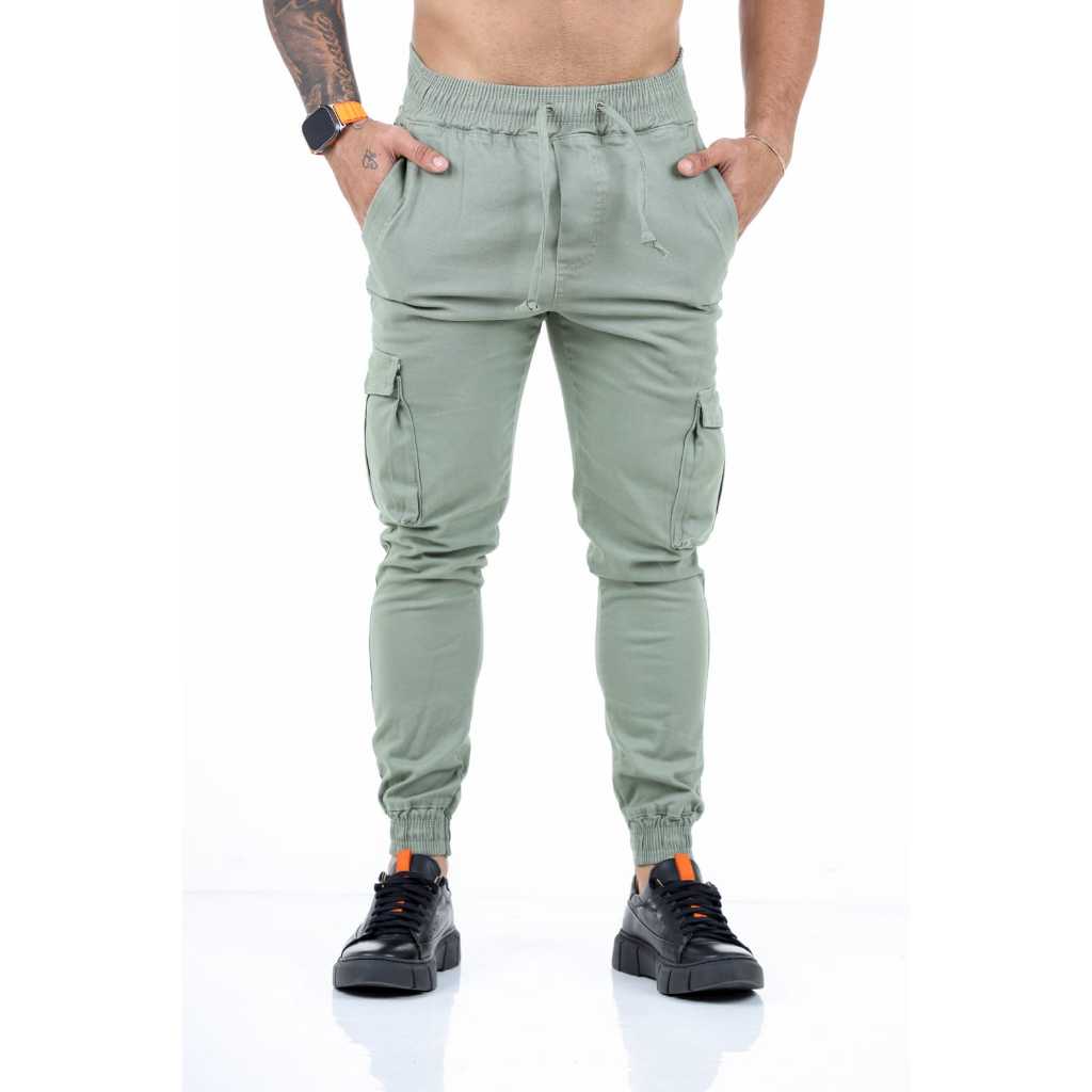 Calça cargo jogger Verde Gelo masculino sarja e com elástico pronta entrega top