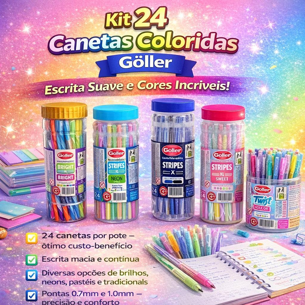 Caneta Esferográfica Goller Colorida com 24 unidades Material Escolar Papelaria Canetas Stripes Bright Neon Smell Trend