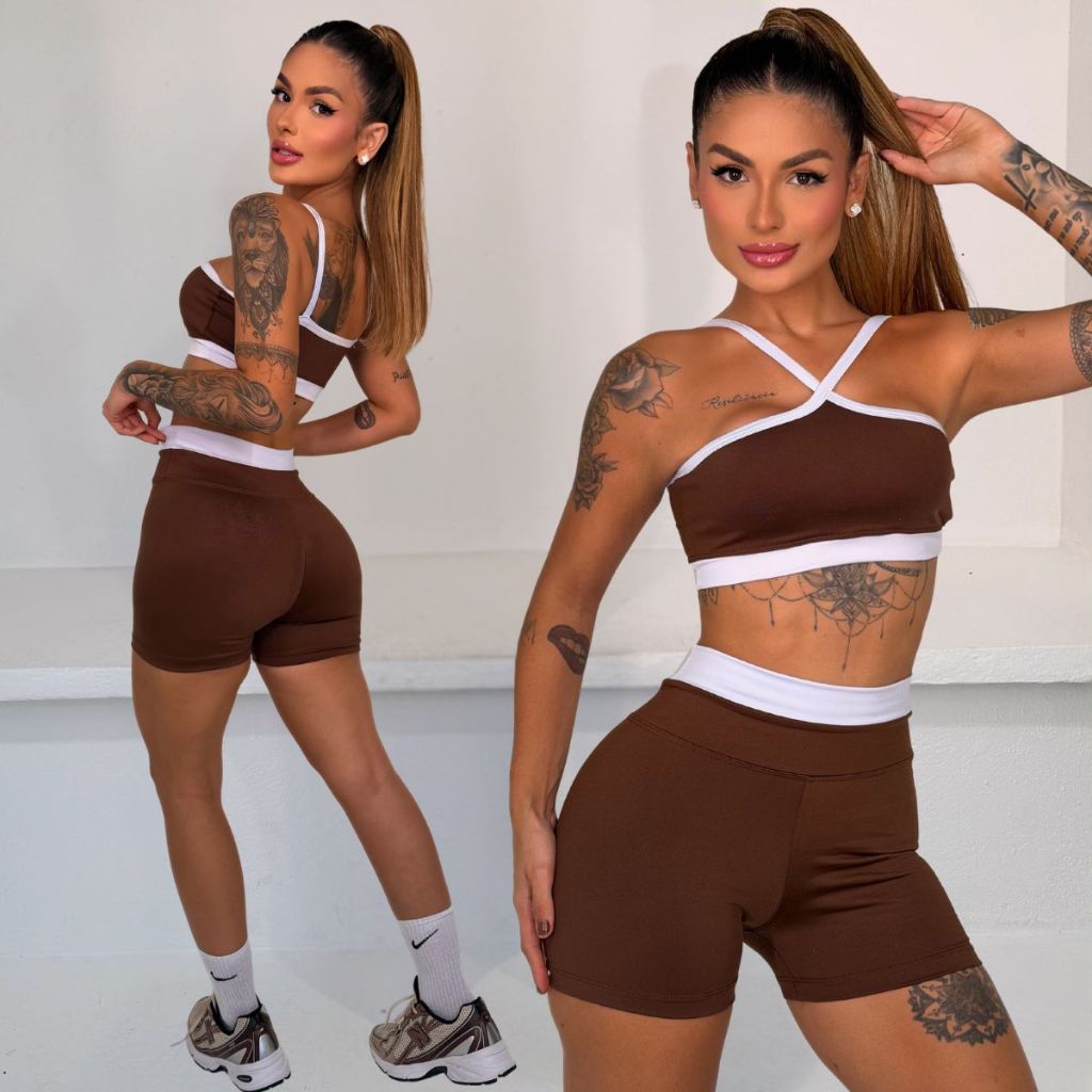 Conjunto Fitness Bicolor Feminino Short Cintura Alta + Top Alça Cruzada Zero Transparência Academia