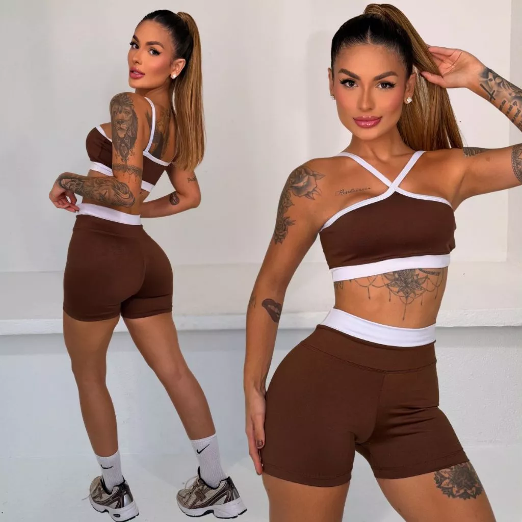 Conjunto Fitness Bicolor Feminino Short Cintura Alta + Top Alça Cruzada Zero Transparência Academia Suplex Premium — imagem 1
