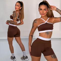 Conjunto Fitness Bicolor Feminino Short Cintura Alta + Top Alça Cruzada Zero Transparência Academia Suplex Premium