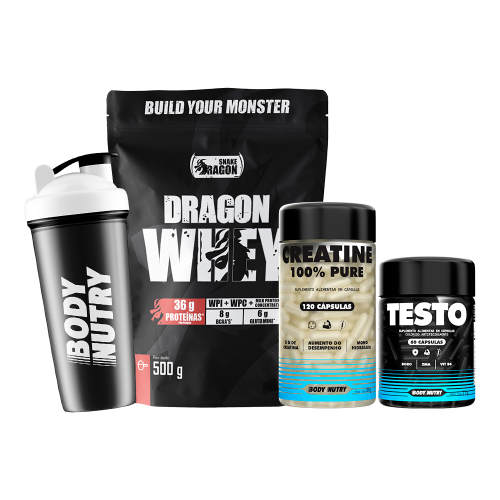 Imagem Kit Suplemento Whey Protein 500g + Pré Hormonal, Testo 60 cáps + Creatina 100% Pura + Coq - Snake D