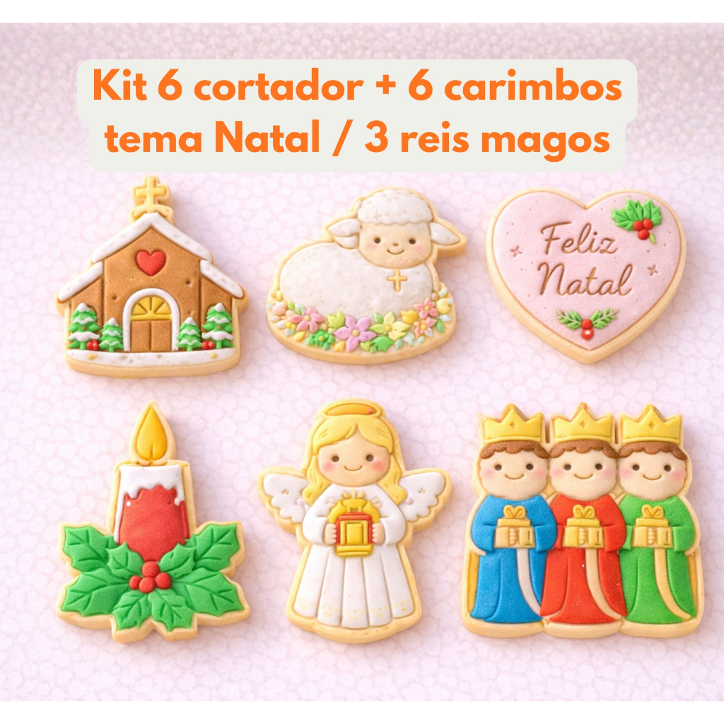 Kit 6 cortador de biscoito no tema Natal, natalino, 3 reis magos, religioso, com marcador,  para pasta americana
