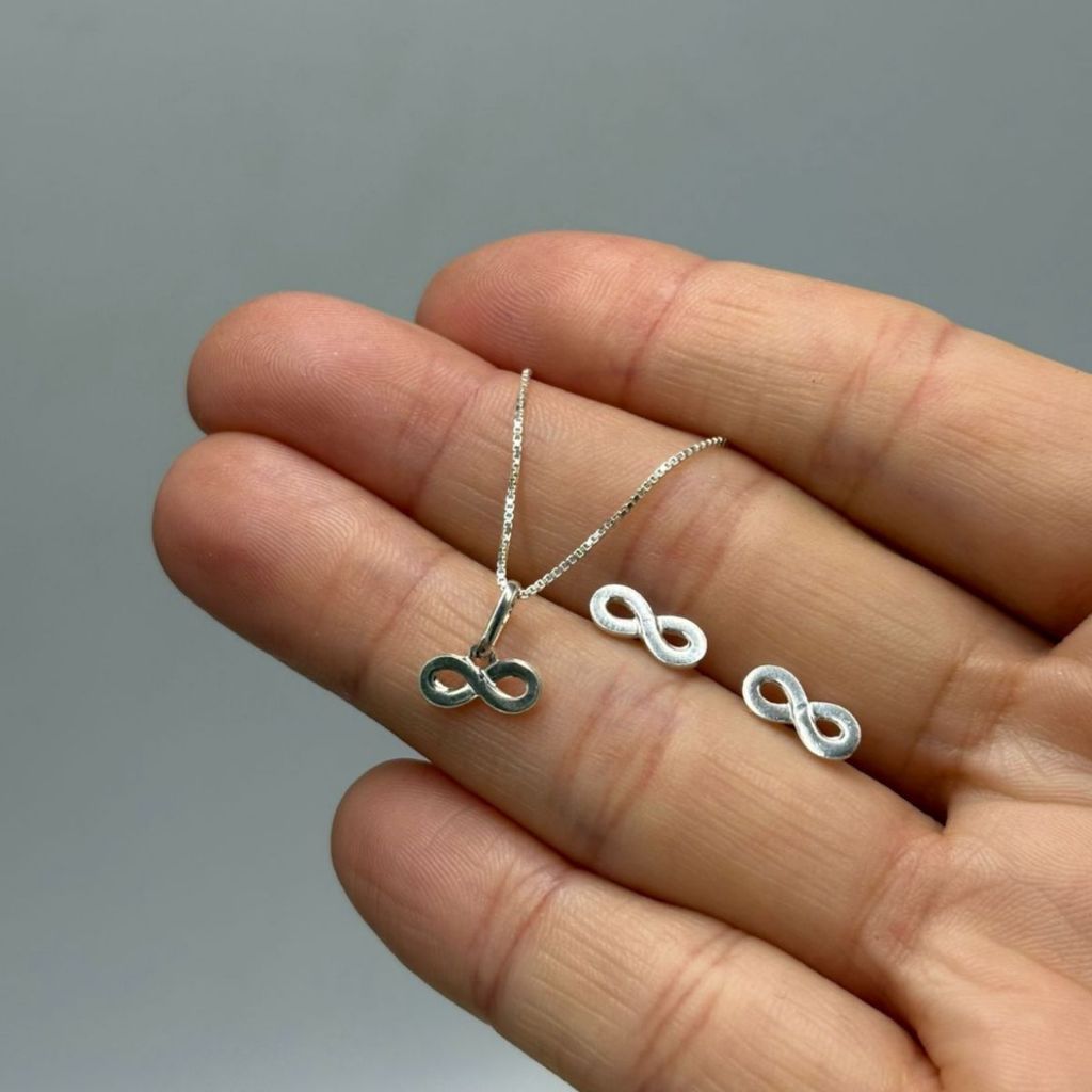 Conjunto Brinco e Colar de Prata 925 Infinito Liso com 45cm · foto 2