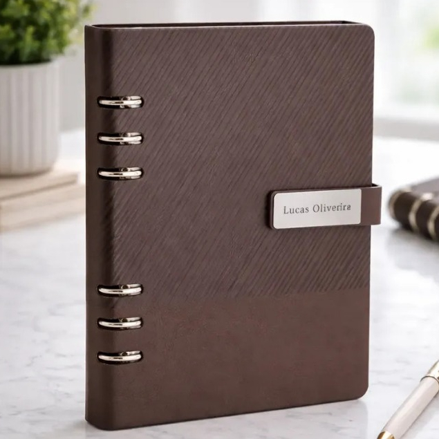 Caderno A5 Fichário Personalizado com Nome Couro Luxo