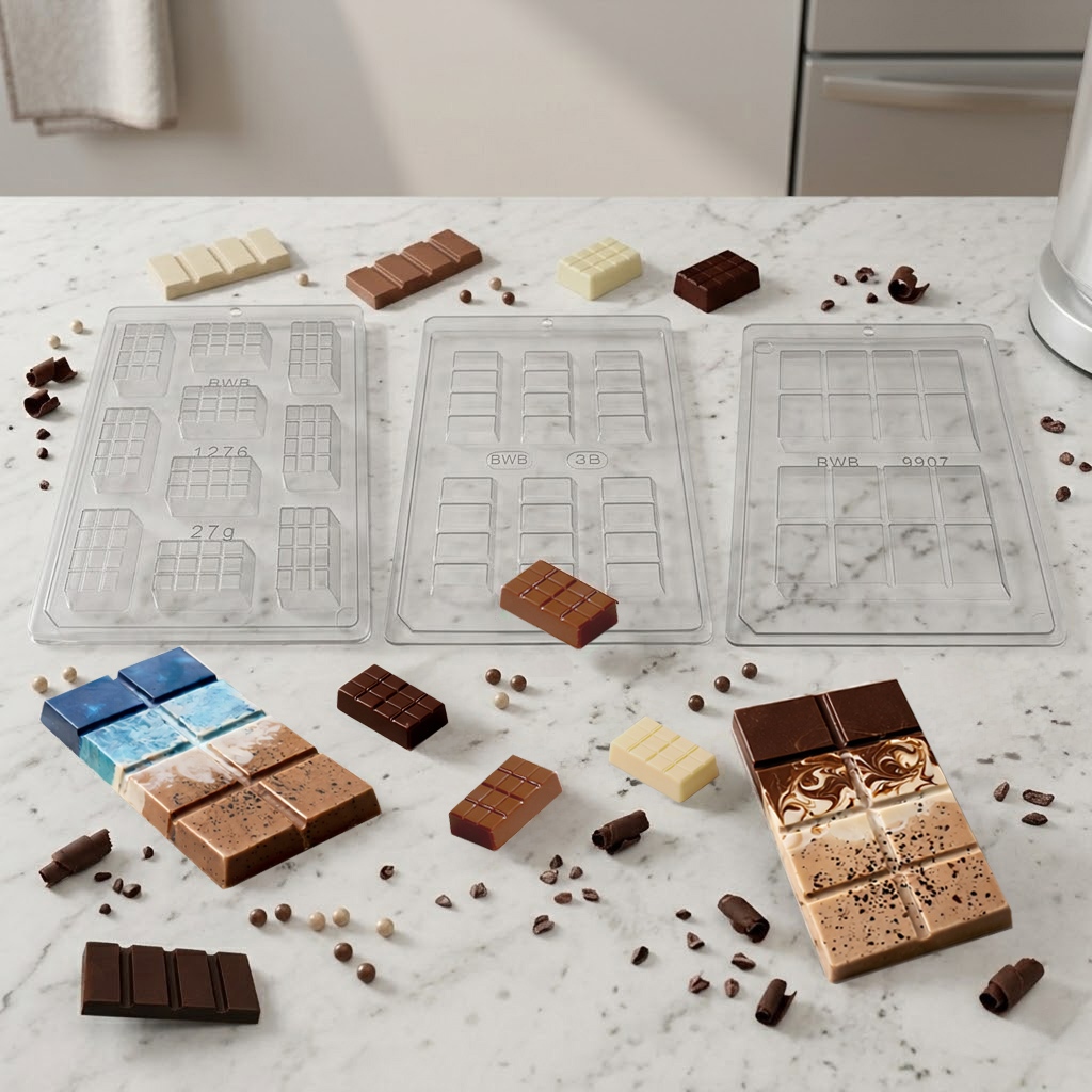 Kit 3 Formas para Chocolate BWB Simples S/ Silicone Tablete Médio + Golden Bar + Tablete 12 Gomos