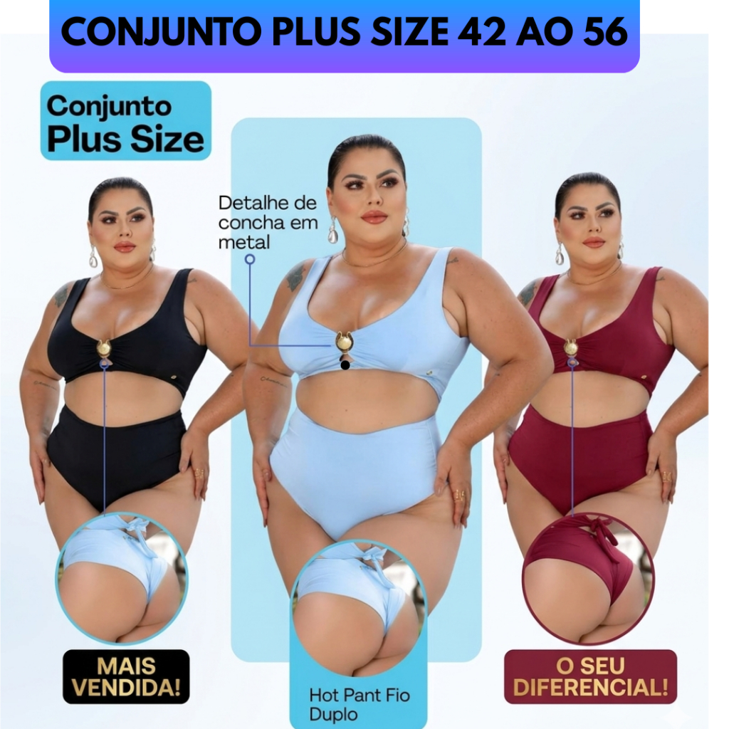 Conjunto Biquíni Plus Size Feminino 40 AO 56 Hot Pant Cintura Alta, Confortável com Bojo Removível