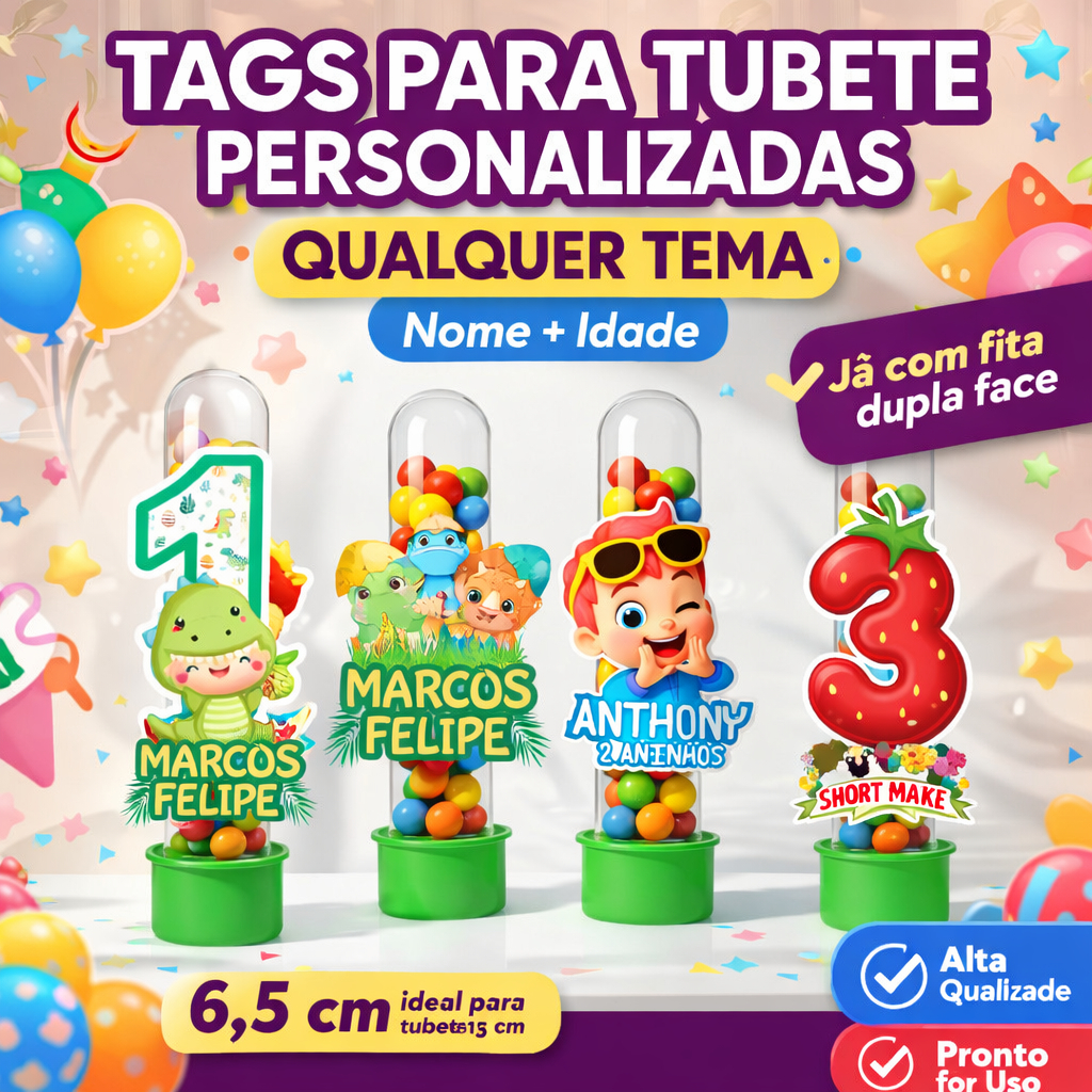 Tags para Tubetes Personalizadas Lembrancinha Festa Infantil Aniversário Nome e Idade com Fita Dupla Face