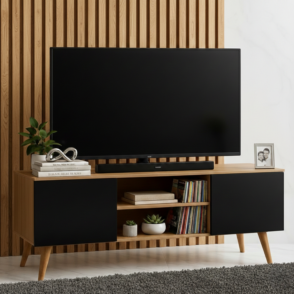 Rack Estilo Retrô para TV até 50 Polegadas - com 2 Portas, Nicho Funcional e Pés Palito