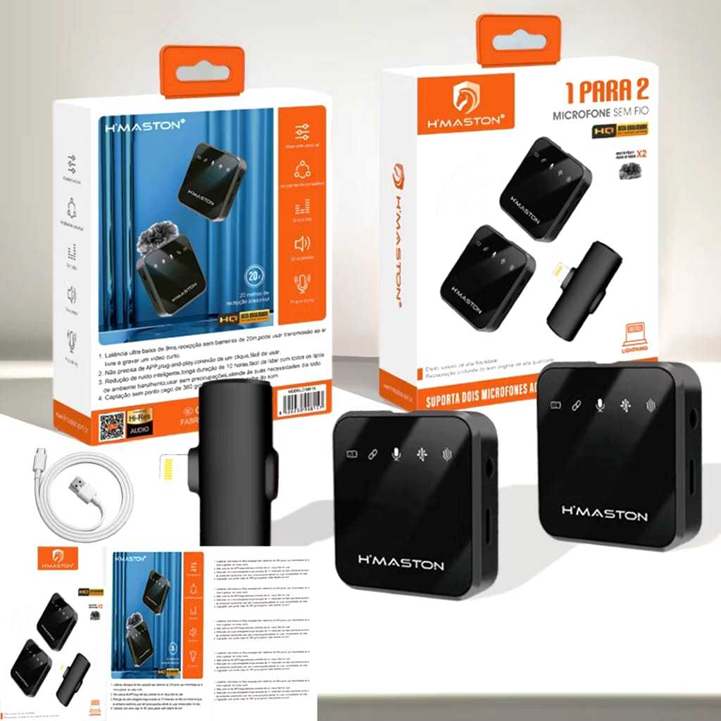 Microfone Lapela Duplo Sem Fio H'MASTON MK15 / MK16 iPhone - KIT COM 2 MICROFONES + Redução Ruído