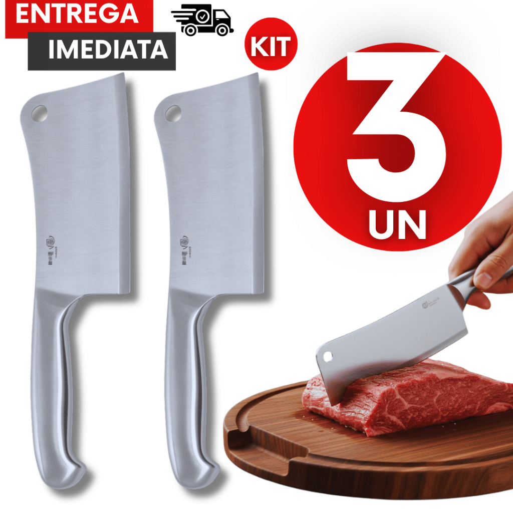 Kit Faca Cutelo Machadinha inox 6 Polegadas Profissional Açougueiro Cabo Inox Escovado Utensílios