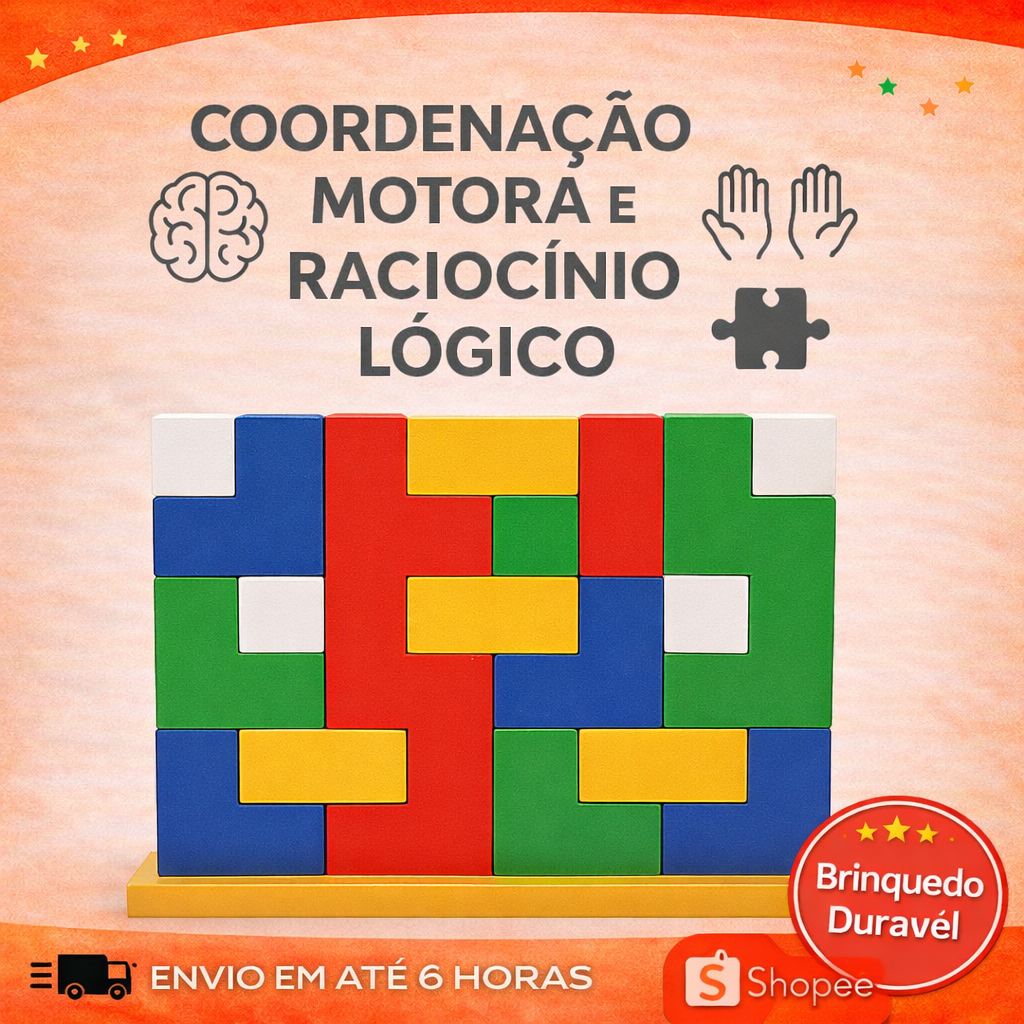 Brinquedo Pedagógico Educativo Madeira Tetris Colorido MDF Montar Aprendizado Didático Jogo Infantil
