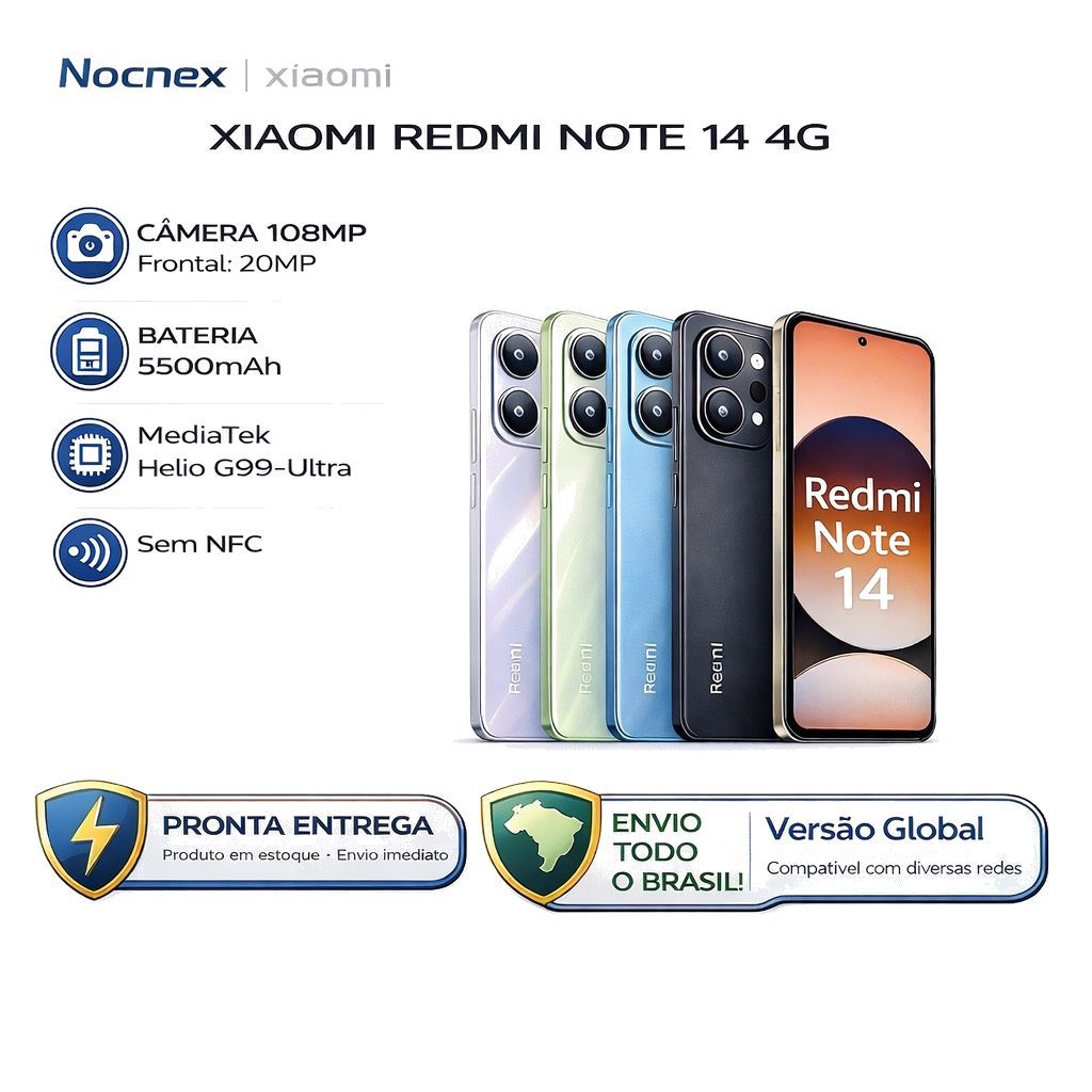 Celular Xiaomi Redmi Note 14 4G 256gb ou 128gb Versão Global Original (COM CAPINHA E PELÍC...