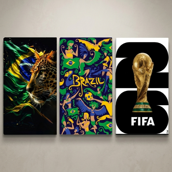 Kit Quadros Decorativos Futebol Copa do Mundo Brasil Seleção Brasileira Onça Pintada Bandeira - 3 Peças - Alta Qualidade