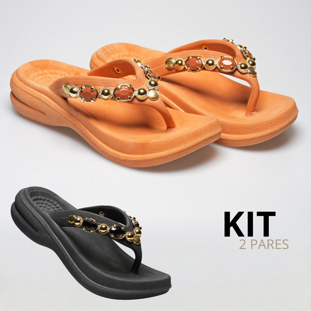 Kit 1 e 2 Pares Tamanco Pedraria Feminino Anatómico Flexível