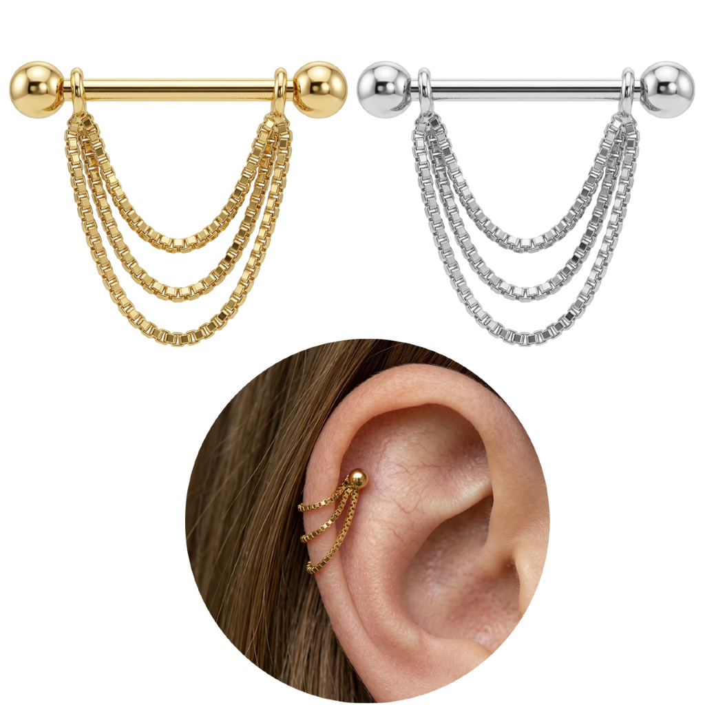 Piercing Corrente Tripla Veneziana Folheada Hélix Orelha Cartilagem