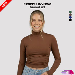 Blusa Cropped Manga Longa Gola Alta Juvenil Franzida Feminina Moda Inverno Infantil
