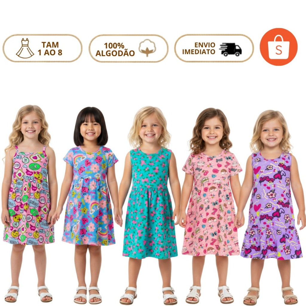 Kit 5 Vestidos Infantil Verão Algodão Estampado Atacado Roupa Menina Oferta 1 ao 8 anos