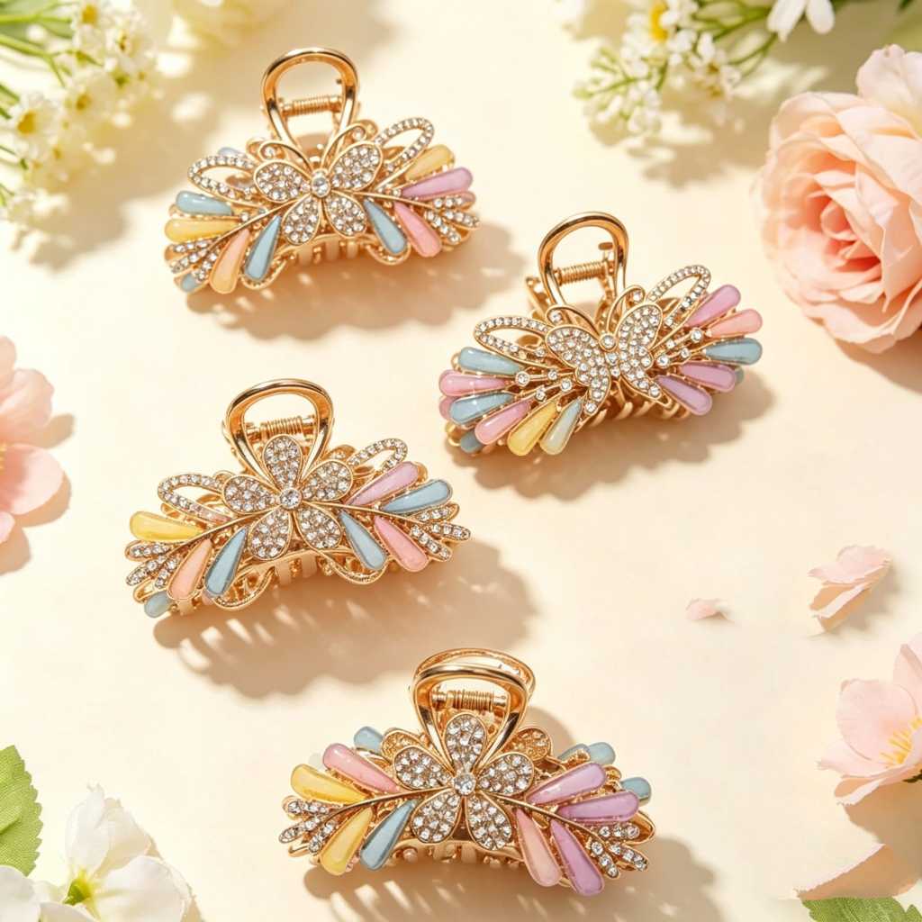 Presilha de Cabelo Flor/Borboleta Strass Colorida - Claw Clip Dourado para Coque, Acessório Feminino Elegante