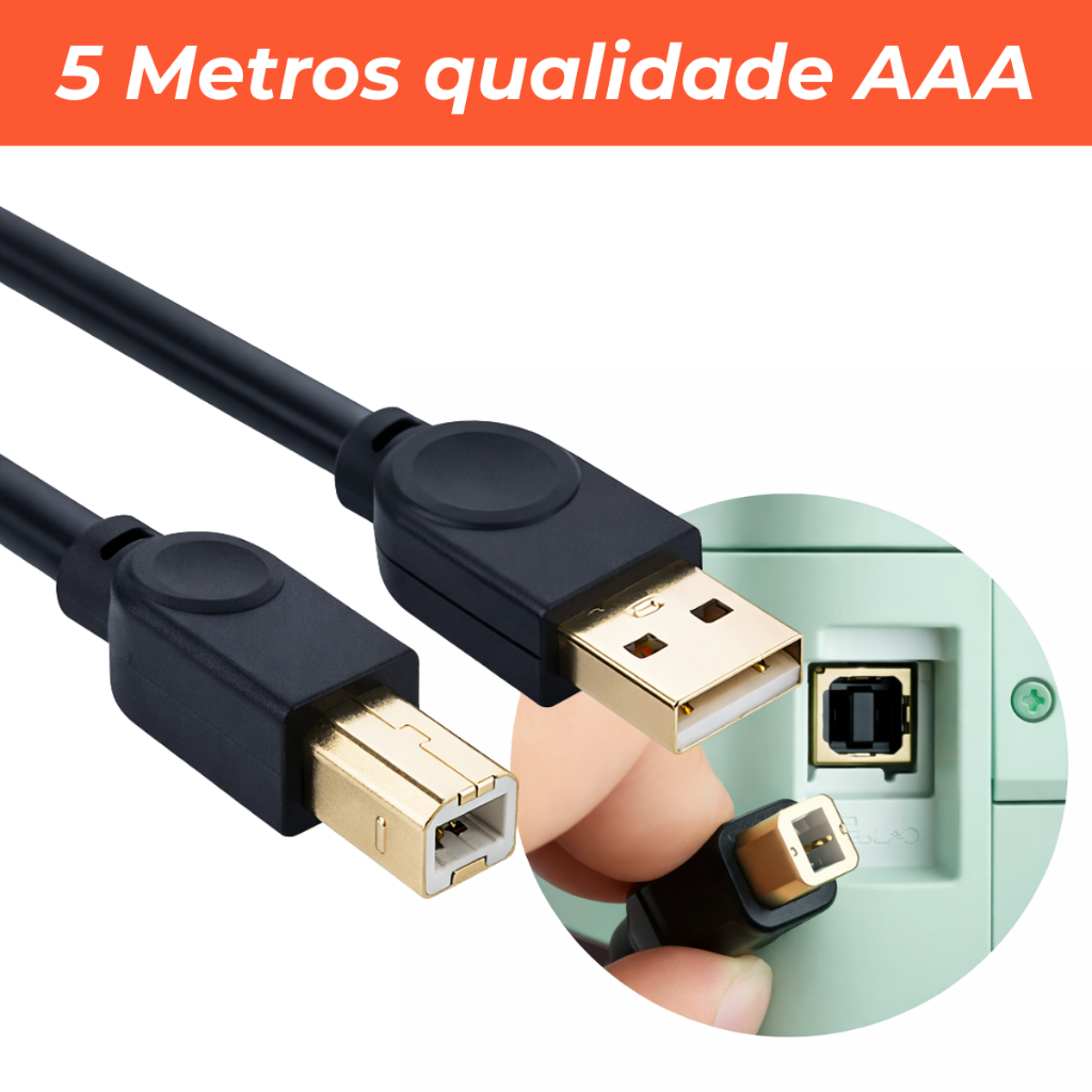 Cabo USB Tipo B com 5 metros para Impressora Scanner Multifuncional Teclado Piano Bateria Eletrônica