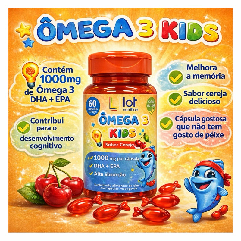 Ômega 3 Kids Sabor Cereja 60 Cápsulas DHA EPA Infantil Cérebro e Imunidade
