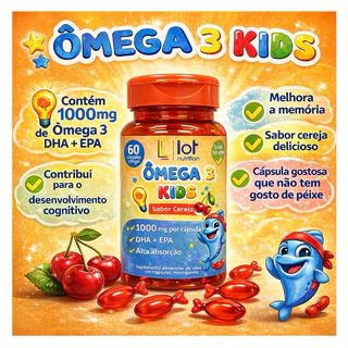 Ômega 3 Kids Sabor Cereja 60 Cápsulas DHA EPA Infantil Cérebro e Imunidade