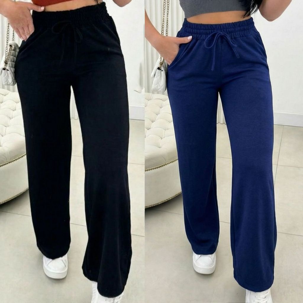 KIT 2 Calça Pantalona cintura alta feminina Com Bolso Com Elastico Confortavel Tecido Lanzinha Outono Inverno Promoção em Oferta na Shopee