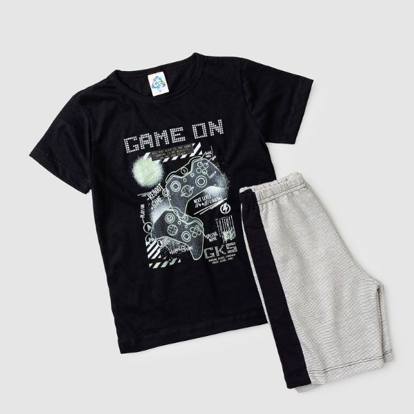 Conjunto Infantil de Verão para Menino Camiseta Meia Malha 100% Algodão Game Bermuda Moletinho Recorte