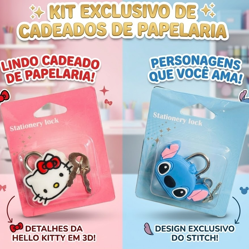 Cadeado Infantil Pequeno com Chave Personagem Stitch Hello Kitty Colorido Mala Mochila Estojo Diário