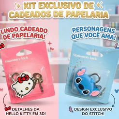 Cadeado Infantil Pequeno com Chave Personagem Stitch Hello Kitty Colorido Mala Mochila Estojo Diário
