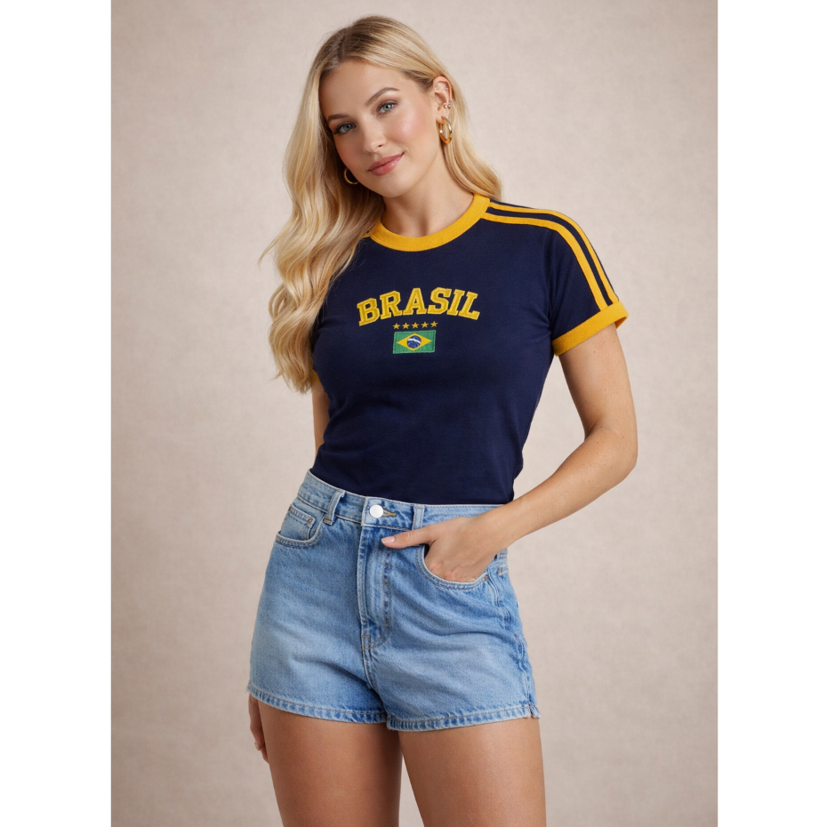 Camiseta Feminina Bandeira do Brasil PremiumTorcedor Bordada de Algodão