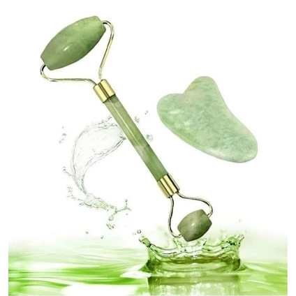 Kit 1Rolos Massageador Pedra De Jade Massagem Facial +Placa Facial Gua Sha