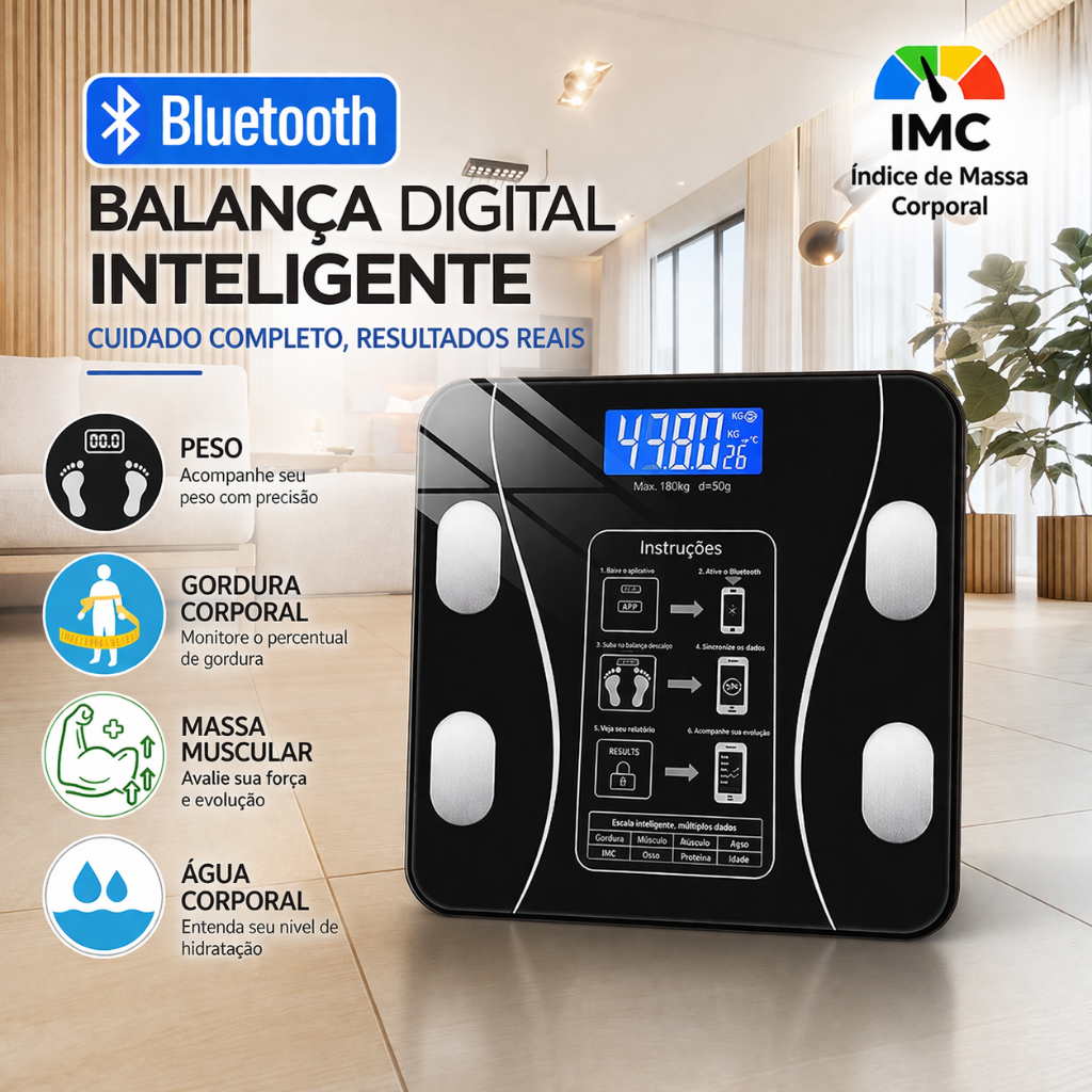 Balança Digital Bioimpedância Bluetooth Inteligente App Calcula Peso Gordura Corporal IMC Água 140Kg