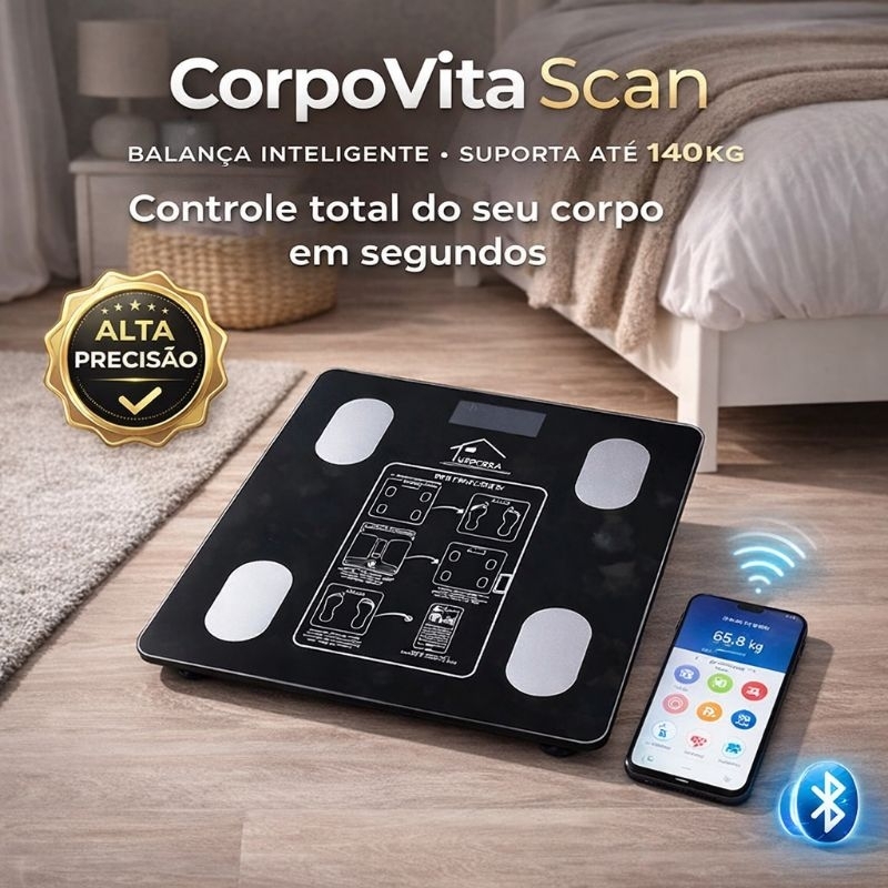 ​Balança Digital Inteligente CorpoVita - 13 Métricas de Saúde Bioimpedância Bluetooth Premium 140kg