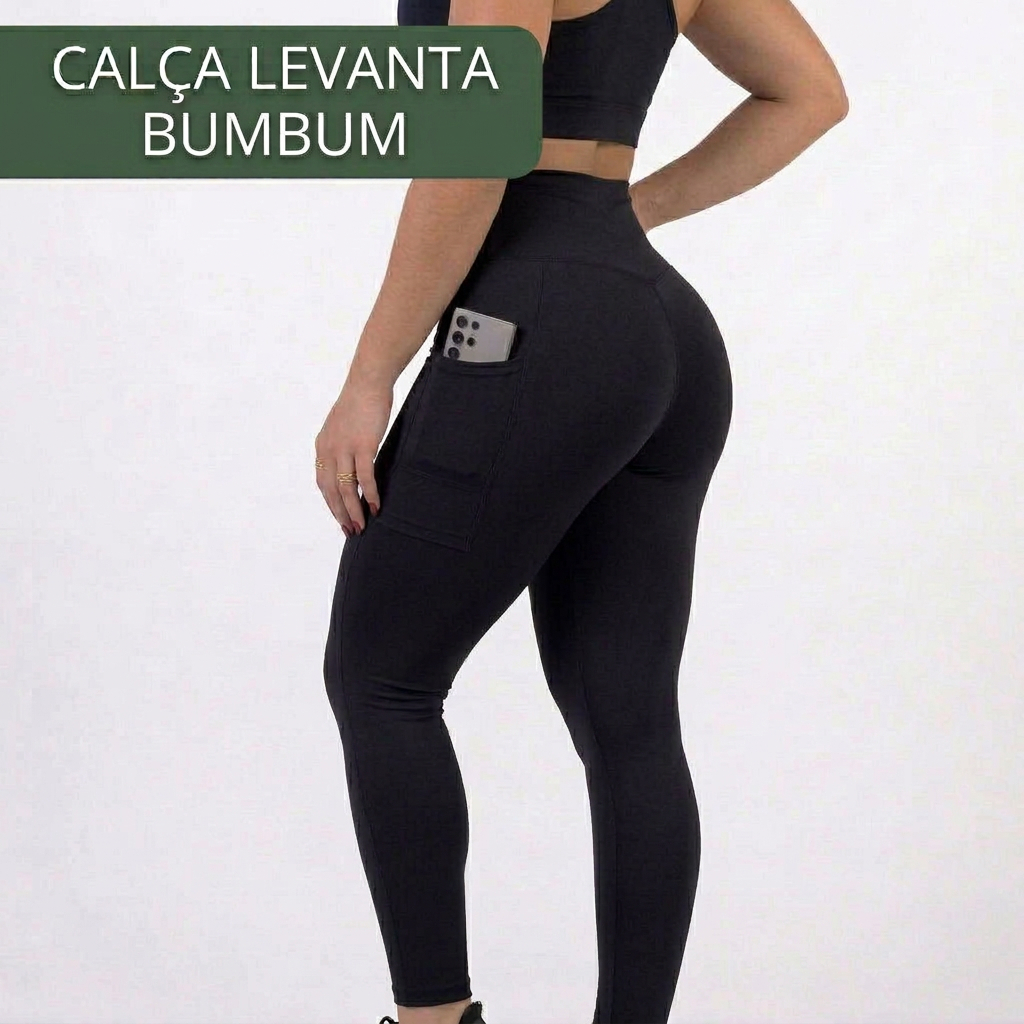 Calça Legging (EMPINA BUMBUM - PRETA) com Bolso Lateral | Cintura Alta, Não Fica Transparente, Ideal para Academia.