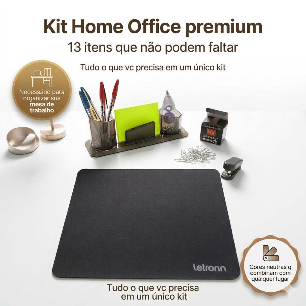 KIT HOME OFFICE ESCRITÓRIO 13 ITENS COM MOUSE PAD, CANETAS, MARCA TEXTO, CLIPS, ORGANIZADOR, GRAMPEADOR, ESTUDOS