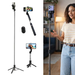 Tripé Bastão Para Celular Com Controle Portátil 1,70M Selfie Foto Vídeo Gravação Retrátil Ajustável Preto Extensível